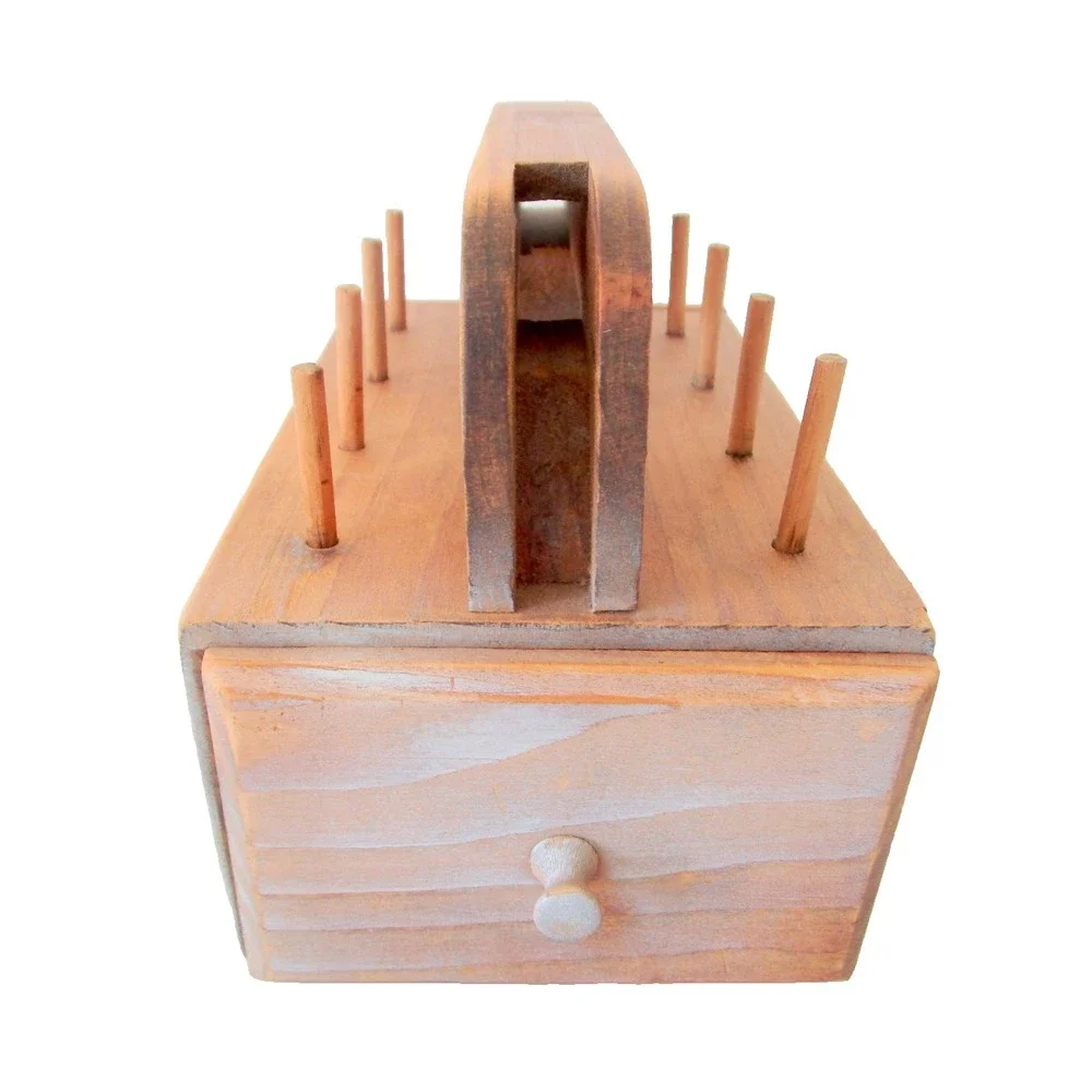Vintage Wooden Drawer Sewing Box Organizer Spool Holders Scissors On Top Cottage